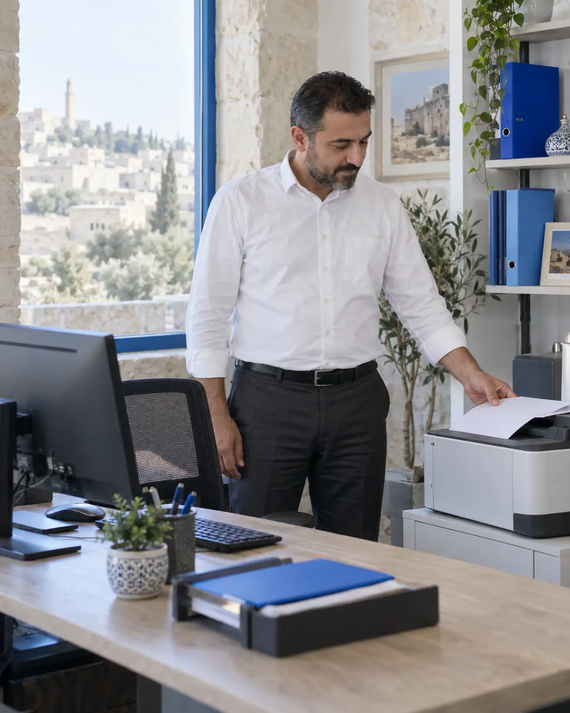 صاحب مكتب يأخذ ورقة من طابعة في مكتب منظم